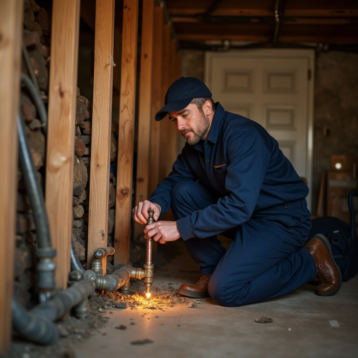All Pro Plumbing technician repairing a water line in a Fredericksburg, VA home